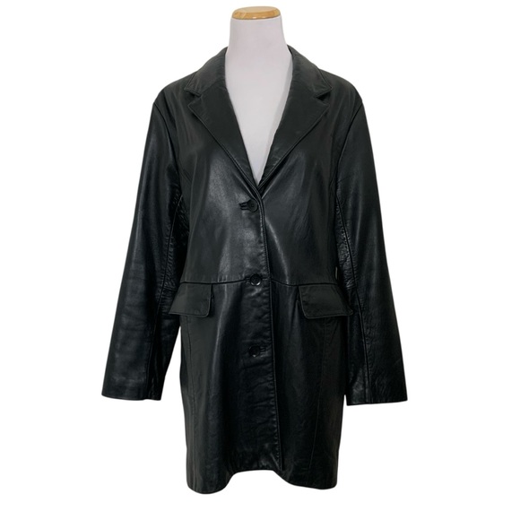 Vintage Y2K Longline Black Leather Jacket Women’s L John Carlisle Pockets - Picture 1 of 17